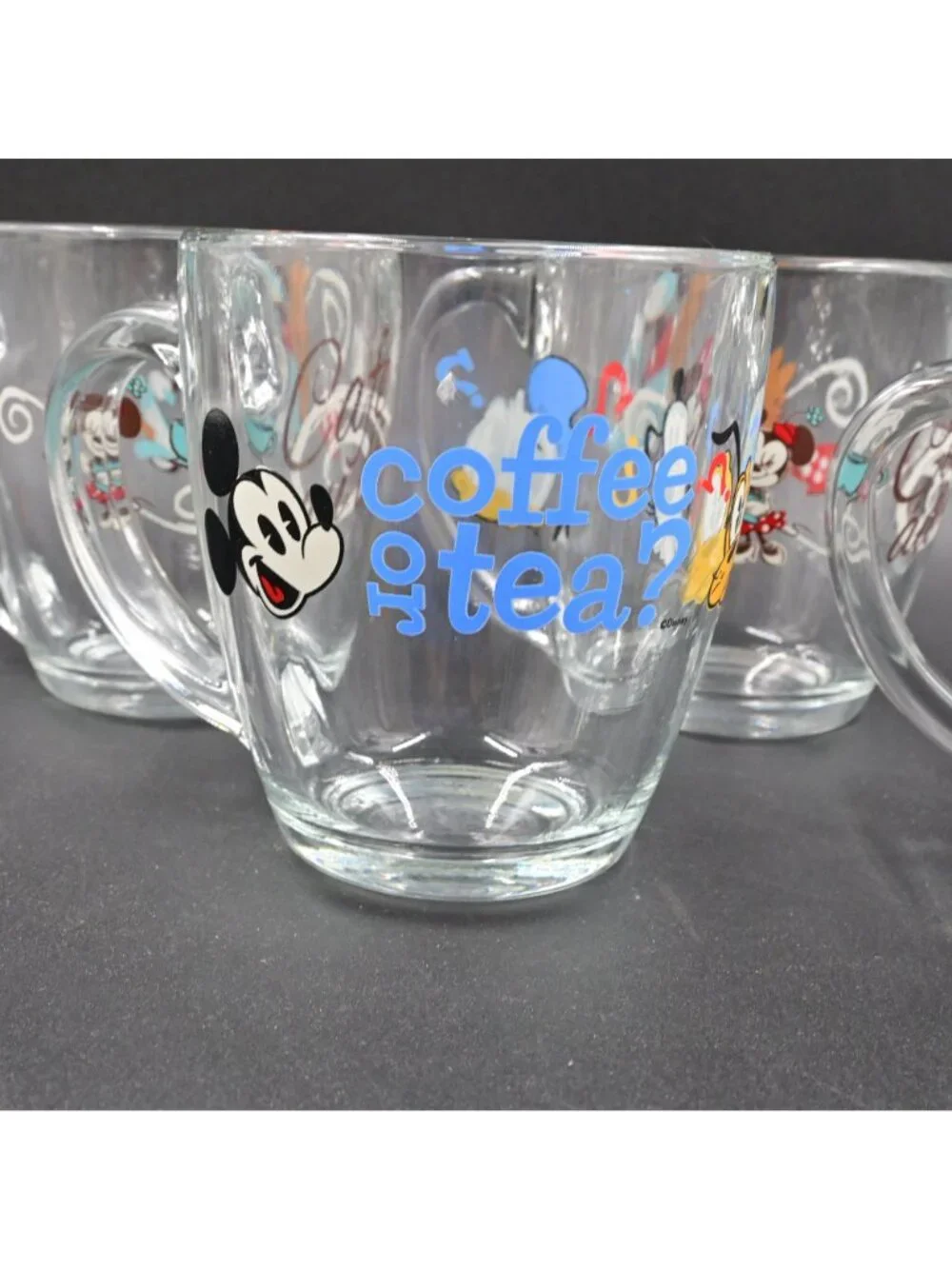 Disney Mickey & Minnie Mouse Clear Glass Coffee Tea Mugs Cups Set of 5 Vintage